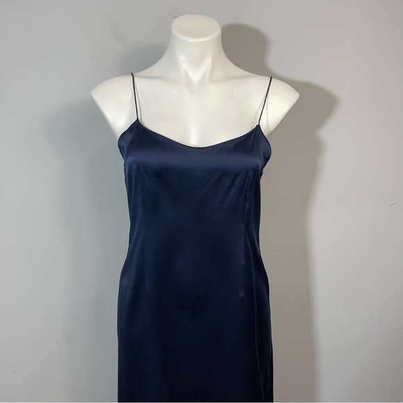 Rickie Freeman Teri Jon Silk Satin Slip Dress Navy Blue 6 Midi Spaghetti Strap - Picture 7 of 14